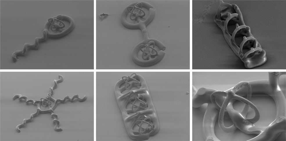 Scanning electron micrographs of mechanically interlocked multi-material micromachines