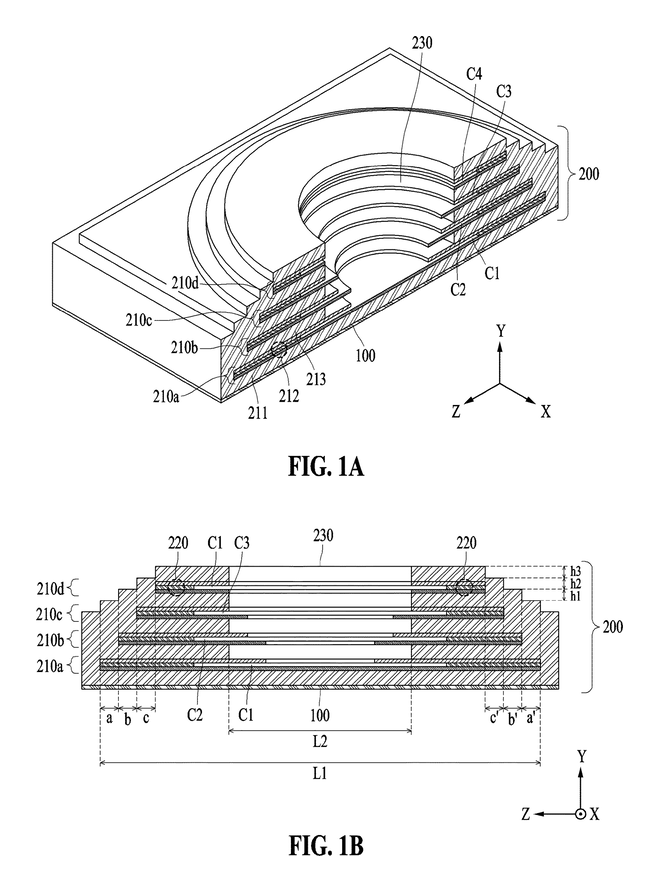 Patent cutaway and cross-section of a layered nanocavity electrode